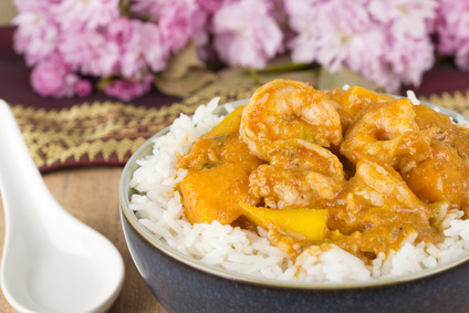 Thai Red Curry with prawns, pumpkin & mango served with rice